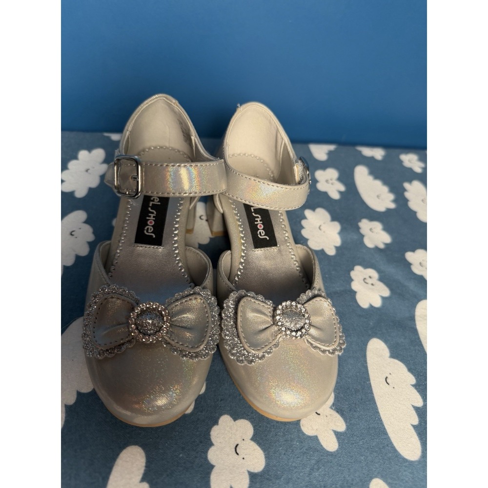Rachel Shoes Girls Size 12 Silver Iridescent Mary Jane Heels Rhinestone Bow